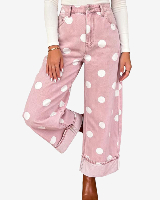 Chouyatou Women High Rise Wide Leg Jeans Baggy Crop Cuffed Hem Denim Polka Dot Pants