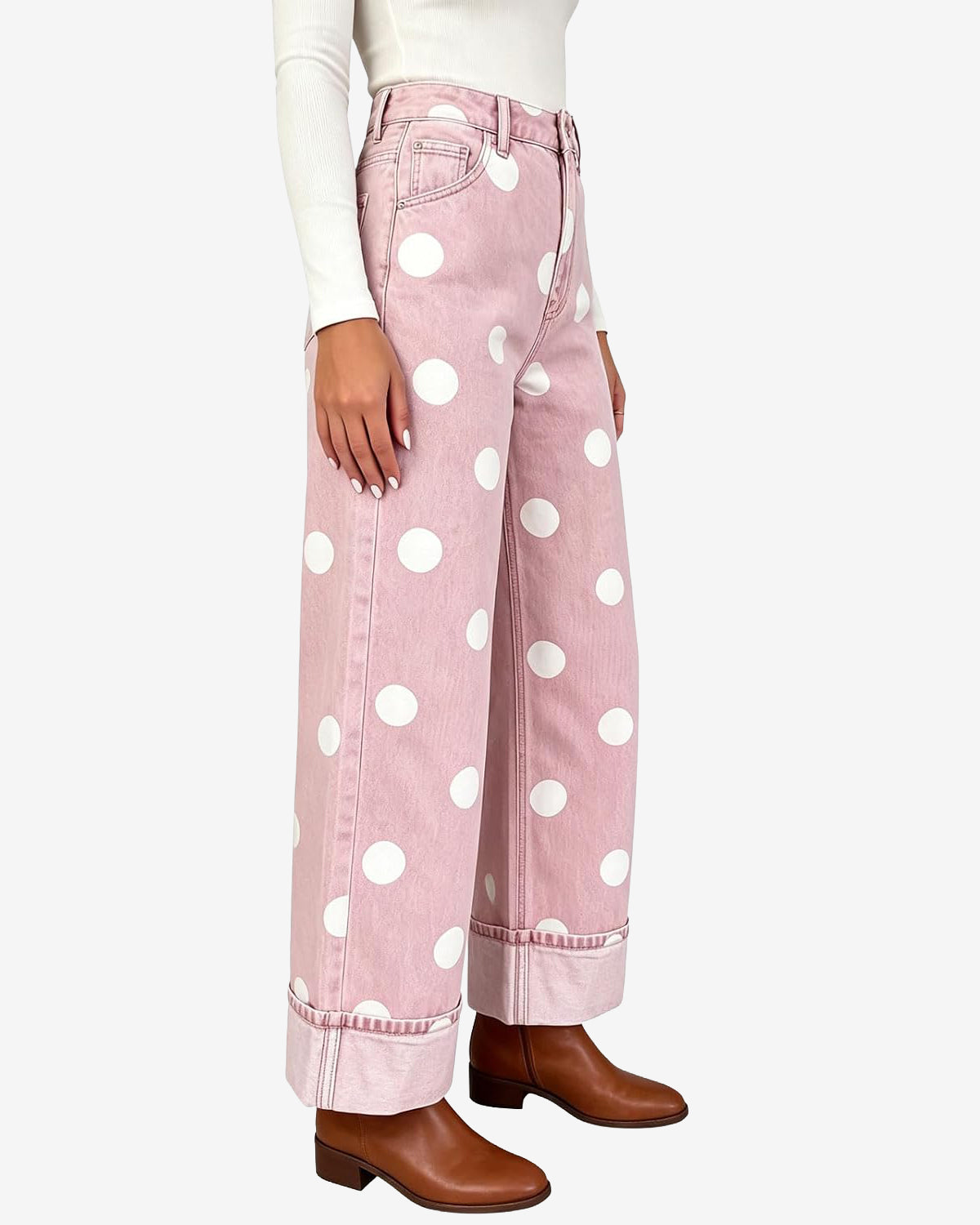 Chouyatou Women High Rise Wide Leg Jeans Baggy Crop Cuffed Hem Denim Polka Dot Pants