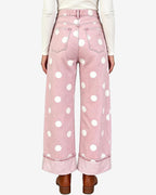 Chouyatou Women High Rise Wide Leg Jeans Baggy Crop Cuffed Hem Denim Polka Dot Pants