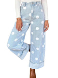 Chouyatou Women High Rise Wide Leg Jeans Baggy Crop Cuffed Hem Denim Polka Dot Pants
