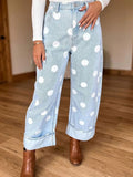 Chouyatou Women High Rise Wide Leg Jeans Baggy Crop Cuffed Hem Denim Polka Dot Pants