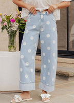 Chouyatou Women High Rise Wide Leg Jeans Baggy Crop Cuffed Hem Denim Polka Dot Pants