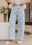 Chouyatou Women High Rise Wide Leg Jeans Baggy Crop Cuffed Hem Denim Polka Dot Pants