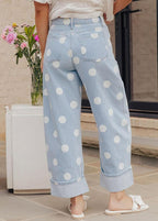 Chouyatou Women High Rise Wide Leg Jeans Baggy Crop Cuffed Hem Denim Polka Dot Pants