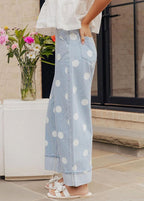 Chouyatou Women High Rise Wide Leg Jeans Baggy Crop Cuffed Hem Denim Polka Dot Pants