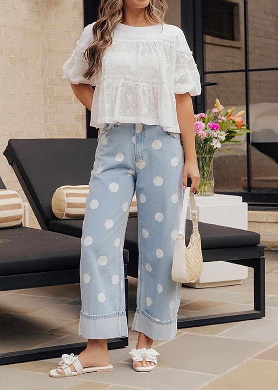 Chouyatou Women High Rise Wide Leg Jeans Baggy Crop Cuffed Hem Denim Polka Dot Pants