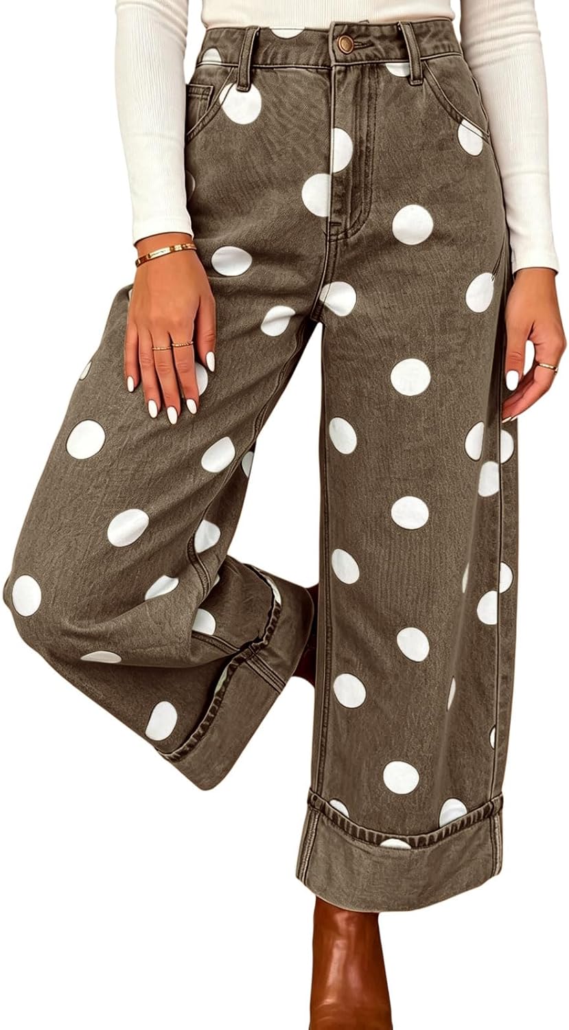 Chouyatou Women High Rise Wide Leg Jeans Baggy Crop Cuffed Hem Denim Polka Dot Pants