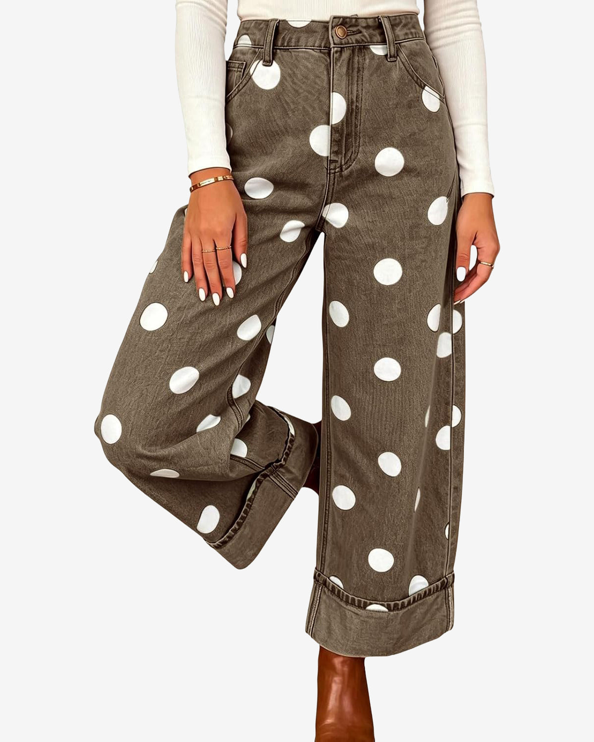 Chouyatou Women High Rise Wide Leg Jeans Baggy Crop Cuffed Hem Denim Polka Dot Pants