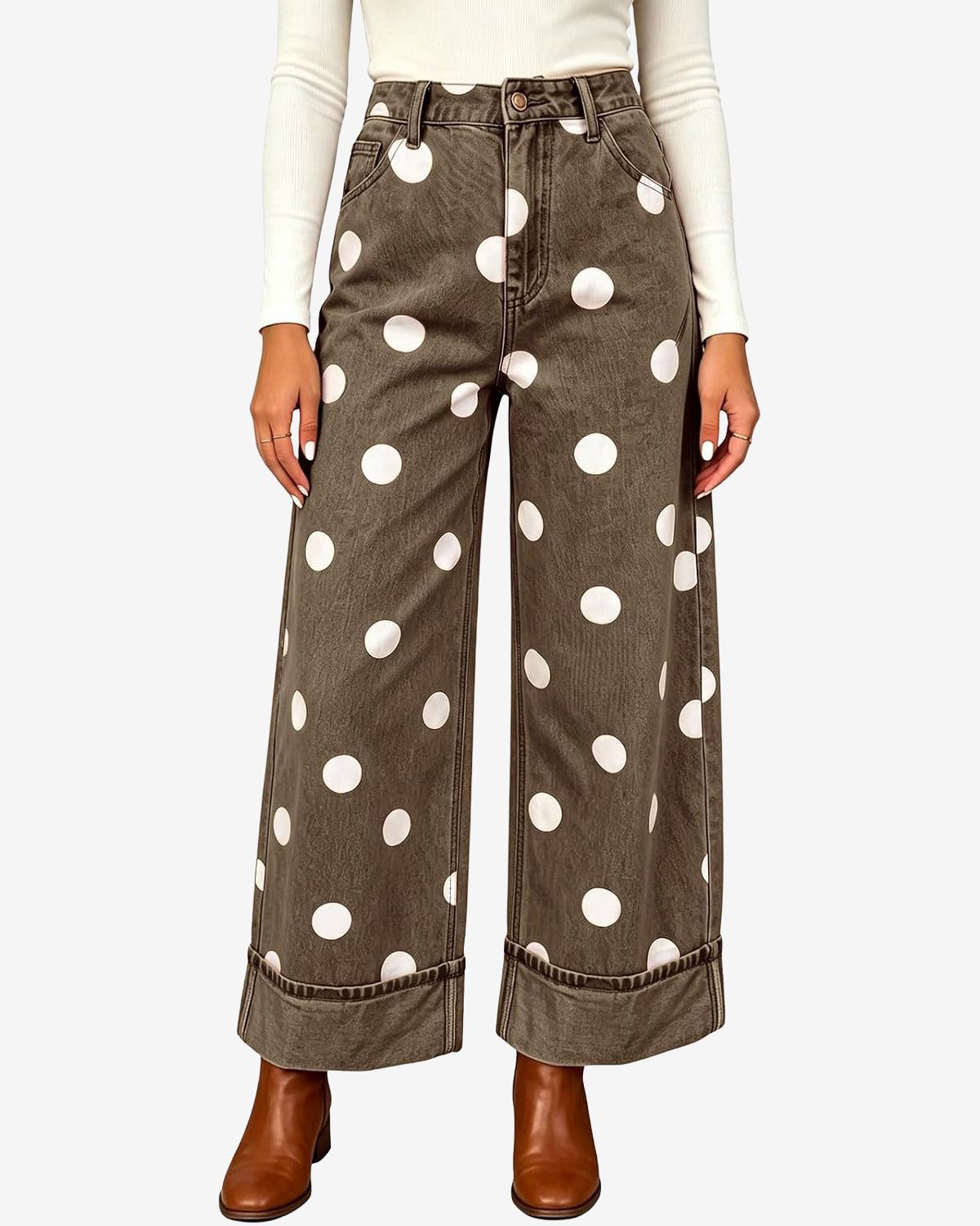 Chouyatou Women High Rise Wide Leg Jeans Baggy Crop Cuffed Hem Denim Polka Dot Pants