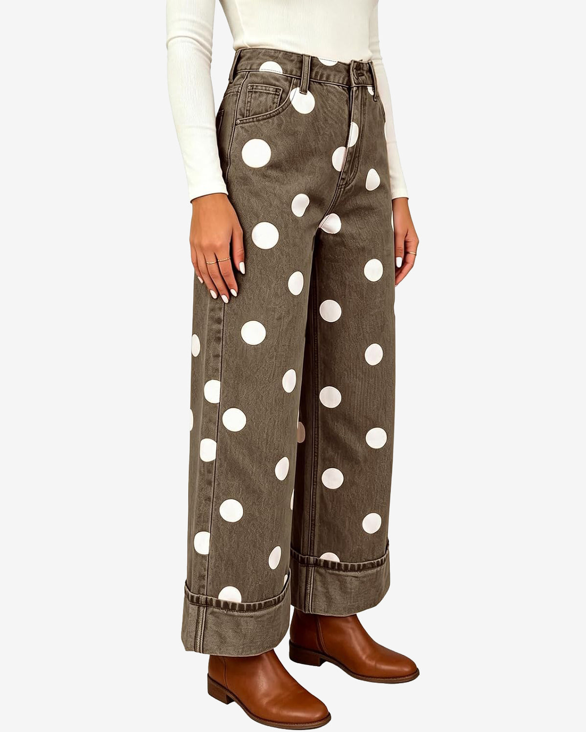 Chouyatou Women High Rise Wide Leg Jeans Baggy Crop Cuffed Hem Denim Polka Dot Pants
