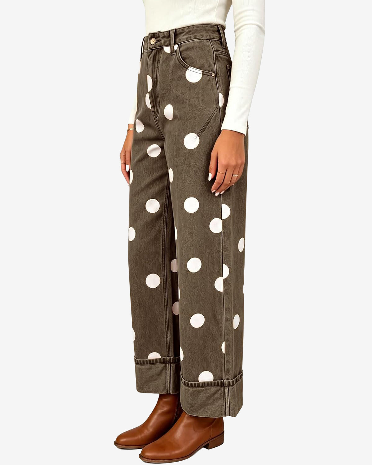 Chouyatou Women High Rise Wide Leg Jeans Baggy Crop Cuffed Hem Denim Polka Dot Pants