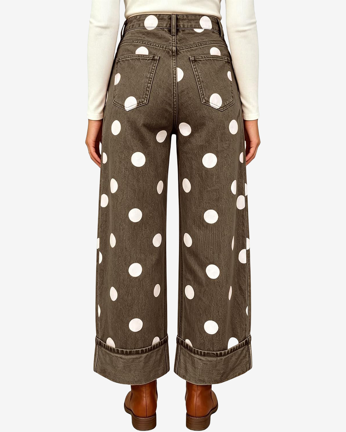 Chouyatou Women High Rise Wide Leg Jeans Baggy Crop Cuffed Hem Denim Polka Dot Pants