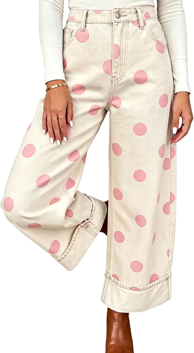 Chouyatou Women High Rise Wide Leg Jeans Baggy Crop Cuffed Hem Denim Polka Dot Pants