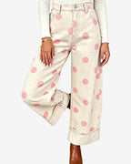 Chouyatou Women High Rise Wide Leg Jeans Baggy Crop Cuffed Hem Denim Polka Dot Pants