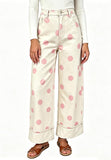 Chouyatou Women High Rise Wide Leg Jeans Baggy Crop Cuffed Hem Denim Polka Dot Pants
