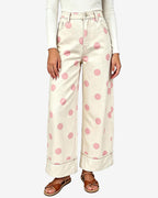 Chouyatou Women High Rise Wide Leg Jeans Baggy Crop Cuffed Hem Denim Polka Dot Pants