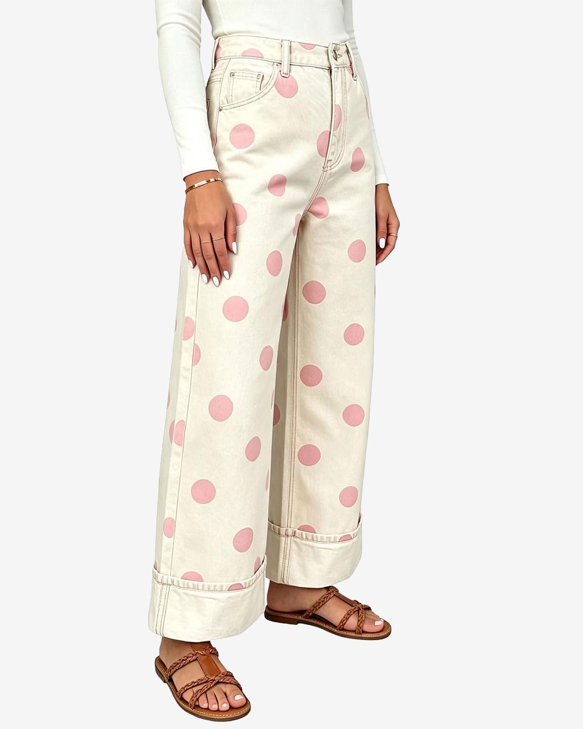 Chouyatou Women High Rise Wide Leg Jeans Baggy Crop Cuffed Hem Denim Polka Dot Pants