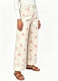 Chouyatou Women High Rise Wide Leg Jeans Baggy Crop Cuffed Hem Denim Polka Dot Pants
