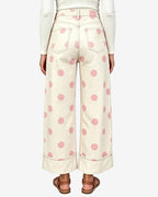 Chouyatou Women High Rise Wide Leg Jeans Baggy Crop Cuffed Hem Denim Polka Dot Pants