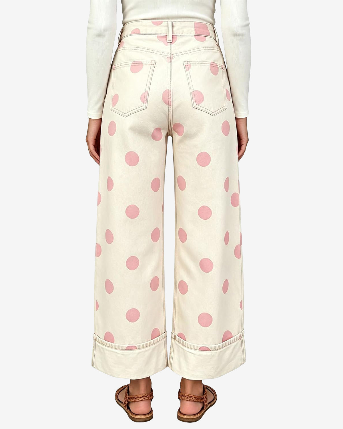 Chouyatou Women High Rise Wide Leg Jeans Baggy Crop Cuffed Hem Denim Polka Dot Pants