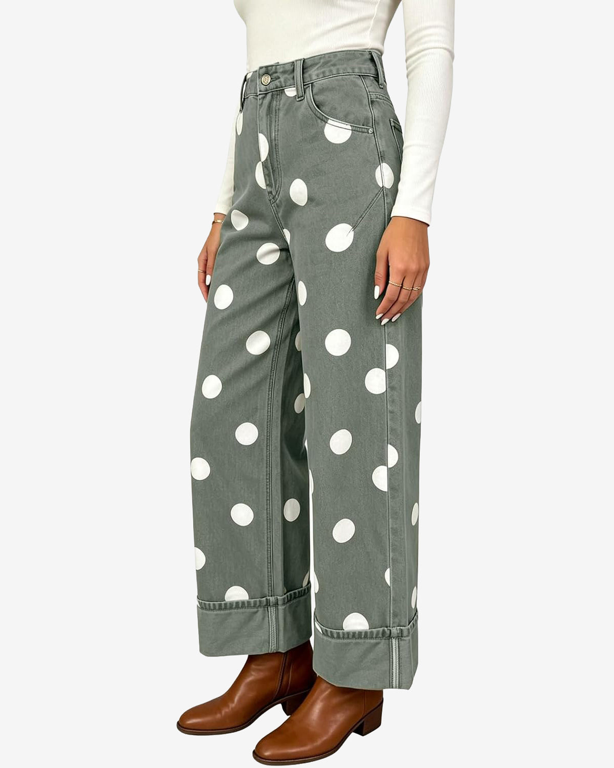 Chouyatou Women High Rise Wide Leg Jeans Baggy Crop Cuffed Hem Denim Polka Dot Pants