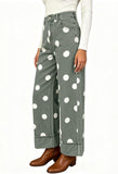 Chouyatou Women High Rise Wide Leg Jeans Baggy Crop Cuffed Hem Denim Polka Dot Pants