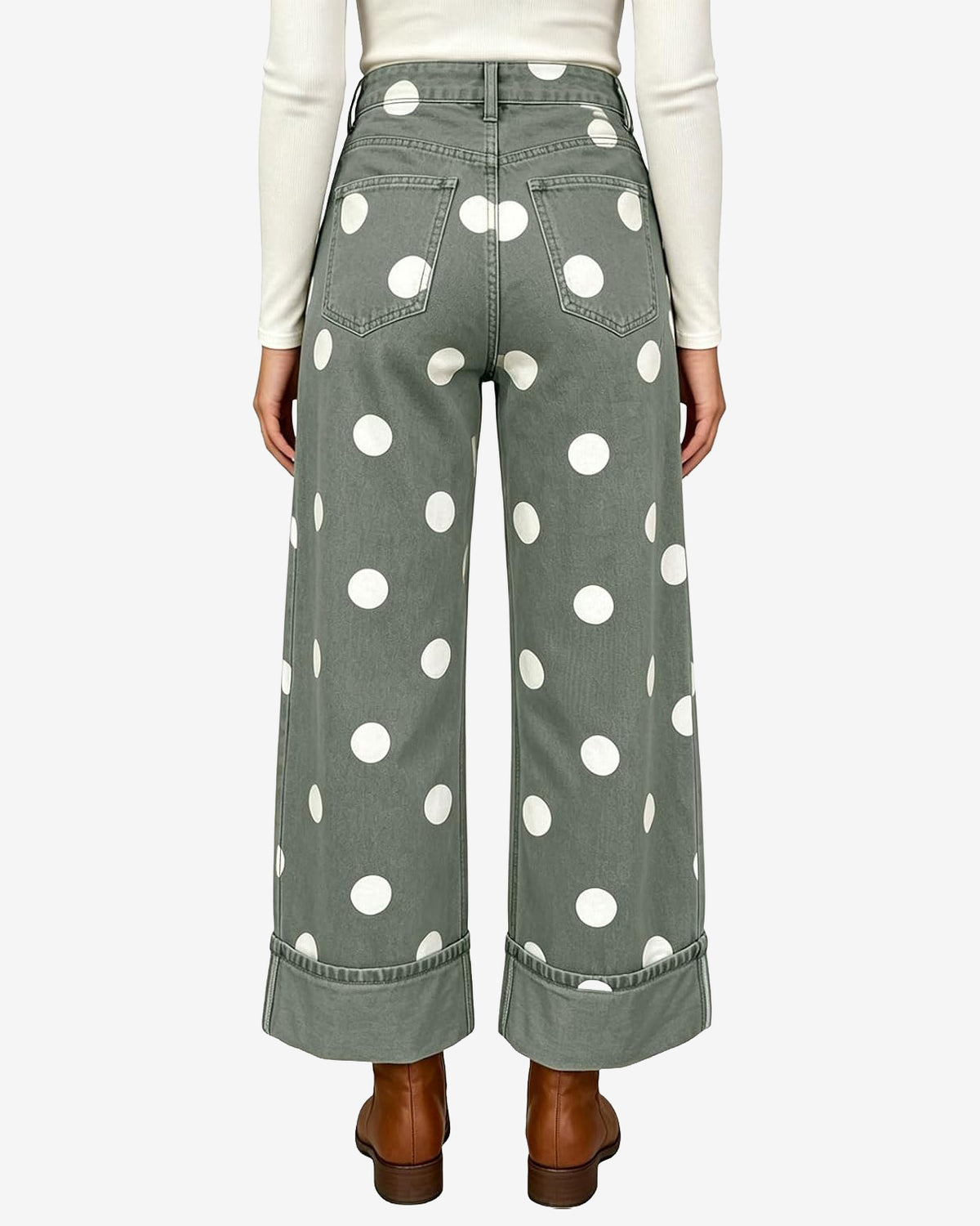 Chouyatou Women High Rise Wide Leg Jeans Baggy Crop Cuffed Hem Denim Polka Dot Pants