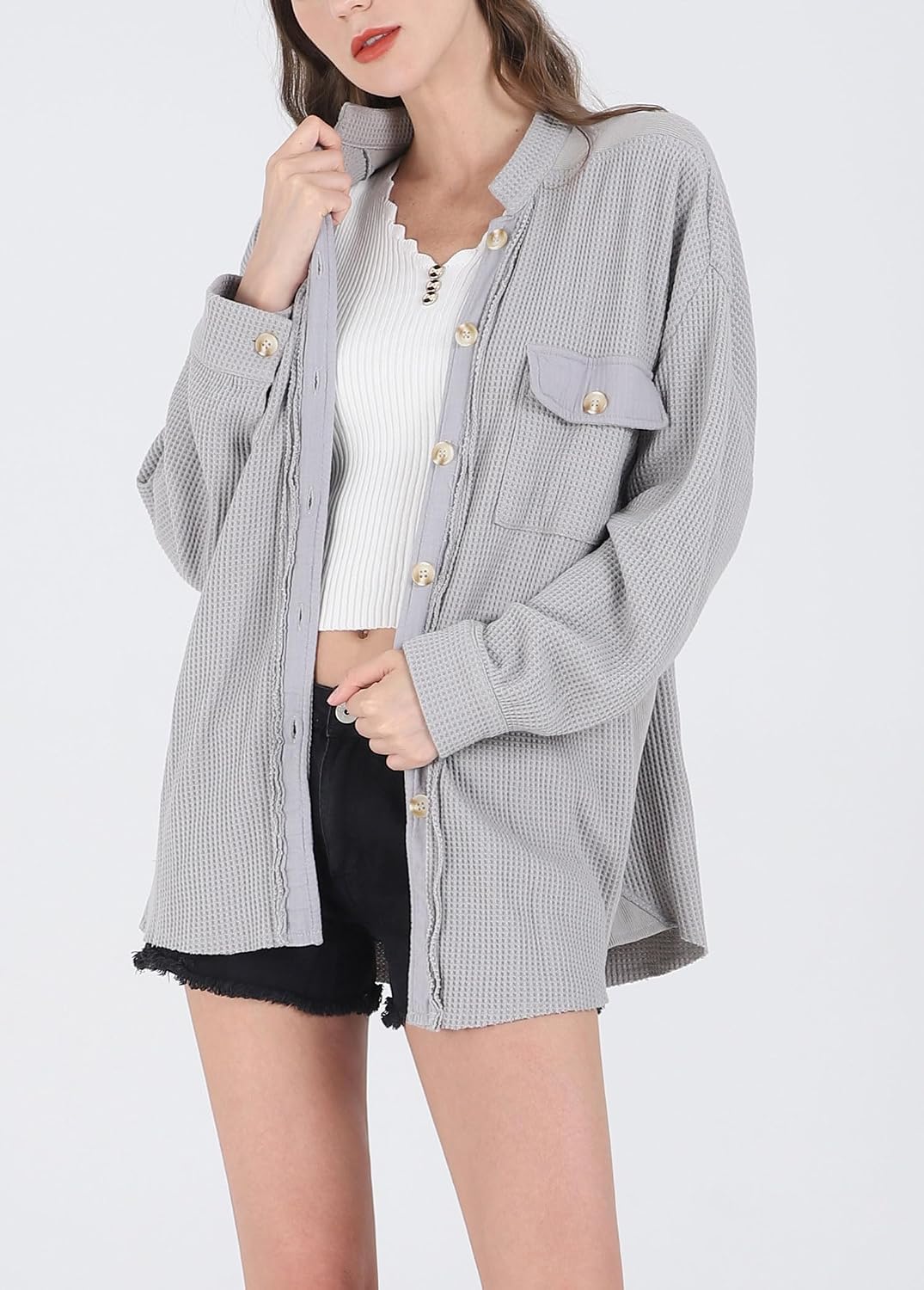 Chouyatou Women's Loose Fit Batwing Sleeve Waffle Knit Button Down Shirt Shacket Tops