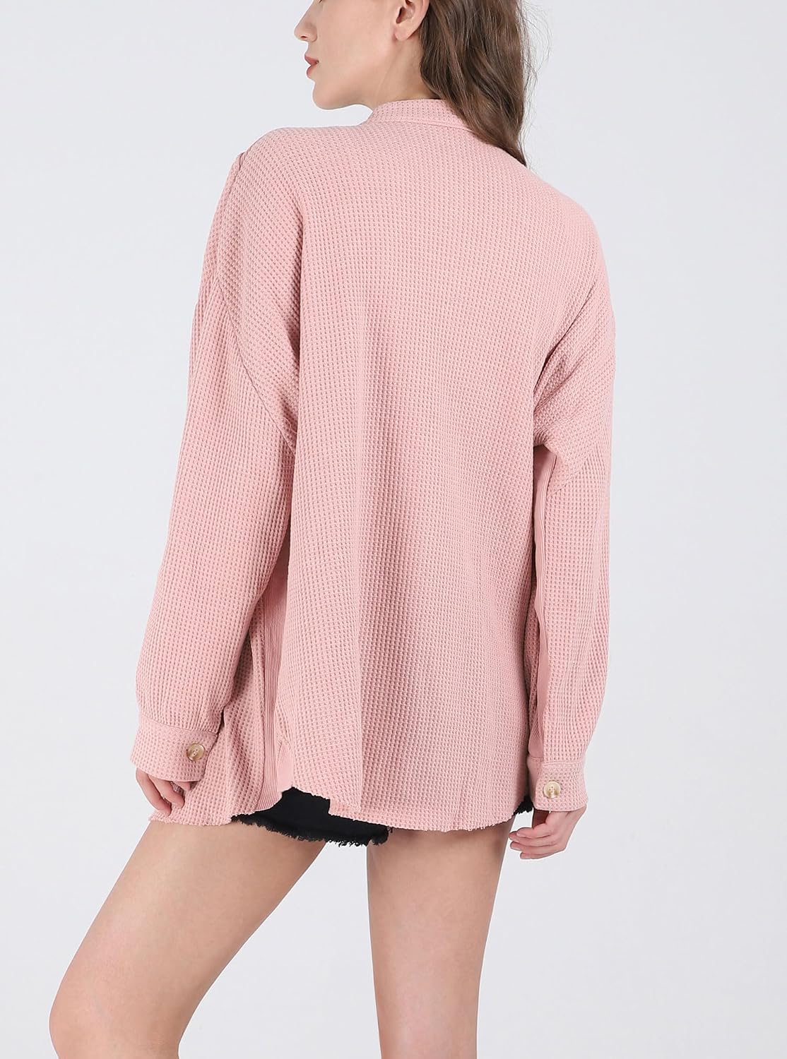 Chouyatou Women's Loose Fit Batwing Sleeve Waffle Knit Button Down Shirt Shacket Tops