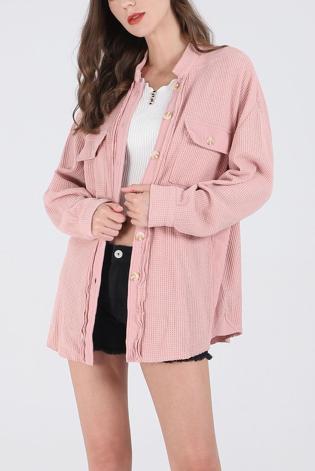 Chouyatou Women's Loose Fit Batwing Sleeve Waffle Knit Button Down Shirt Shacket Tops