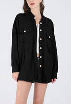 Chouyatou Women's Loose Fit Batwing Sleeve Waffle Knit Button Down Shirt Shacket Tops