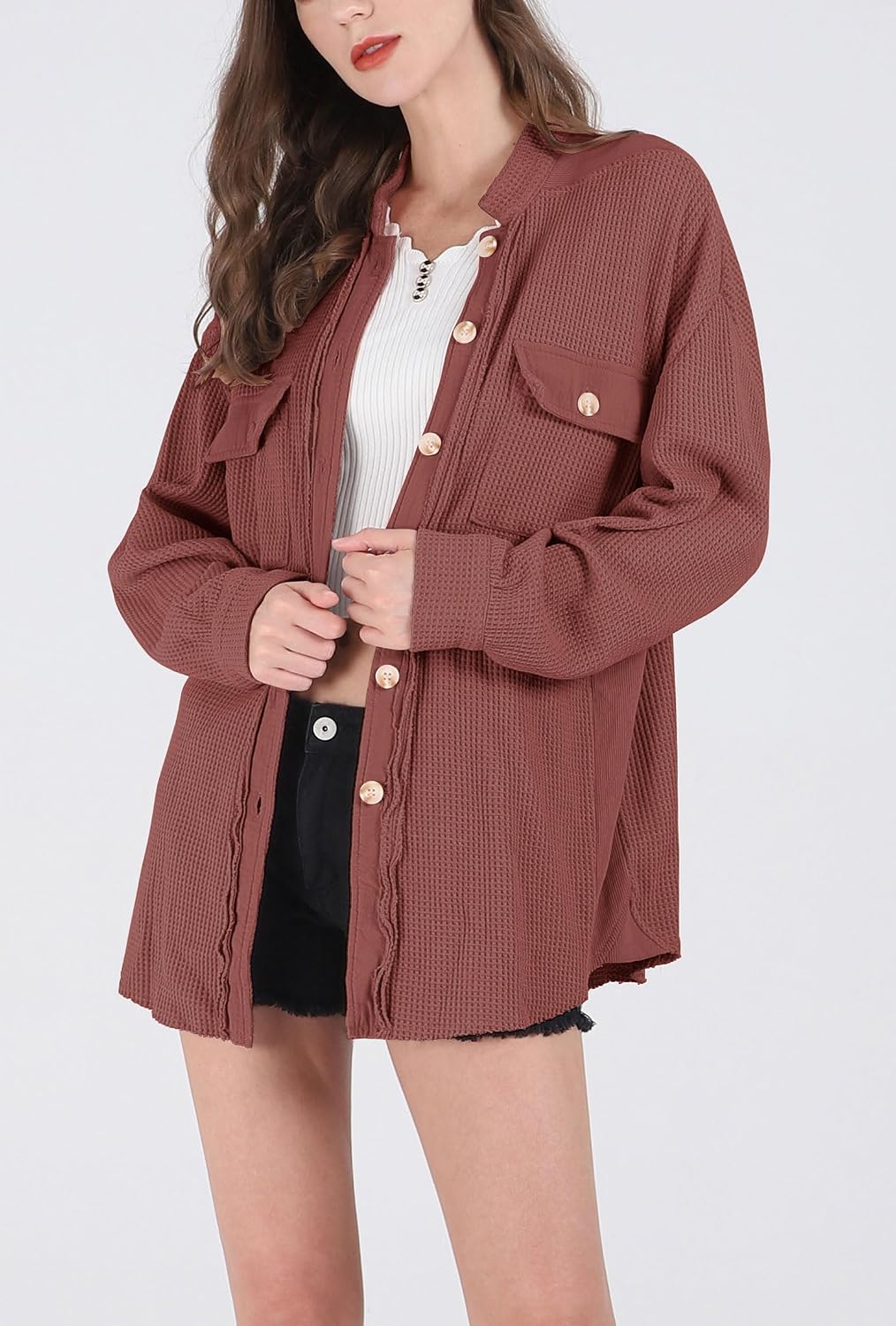 Chouyatou Women's Loose Fit Batwing Sleeve Waffle Knit Button Down Shirt Shacket Tops