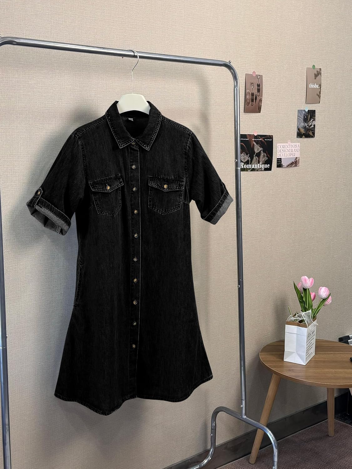 Chouyatou Women's Summer Short Sleeve Denim Shirt Dress Business Casual Button Down Midi Long Jean Dress