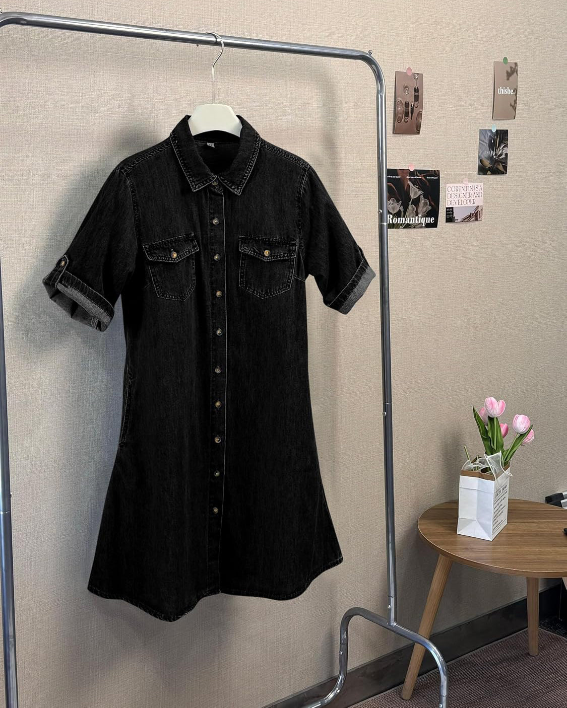 Chouyatou Women's Summer Short Sleeve Denim Shirt Dress Business Casual Button Down Midi Long Jean Dress