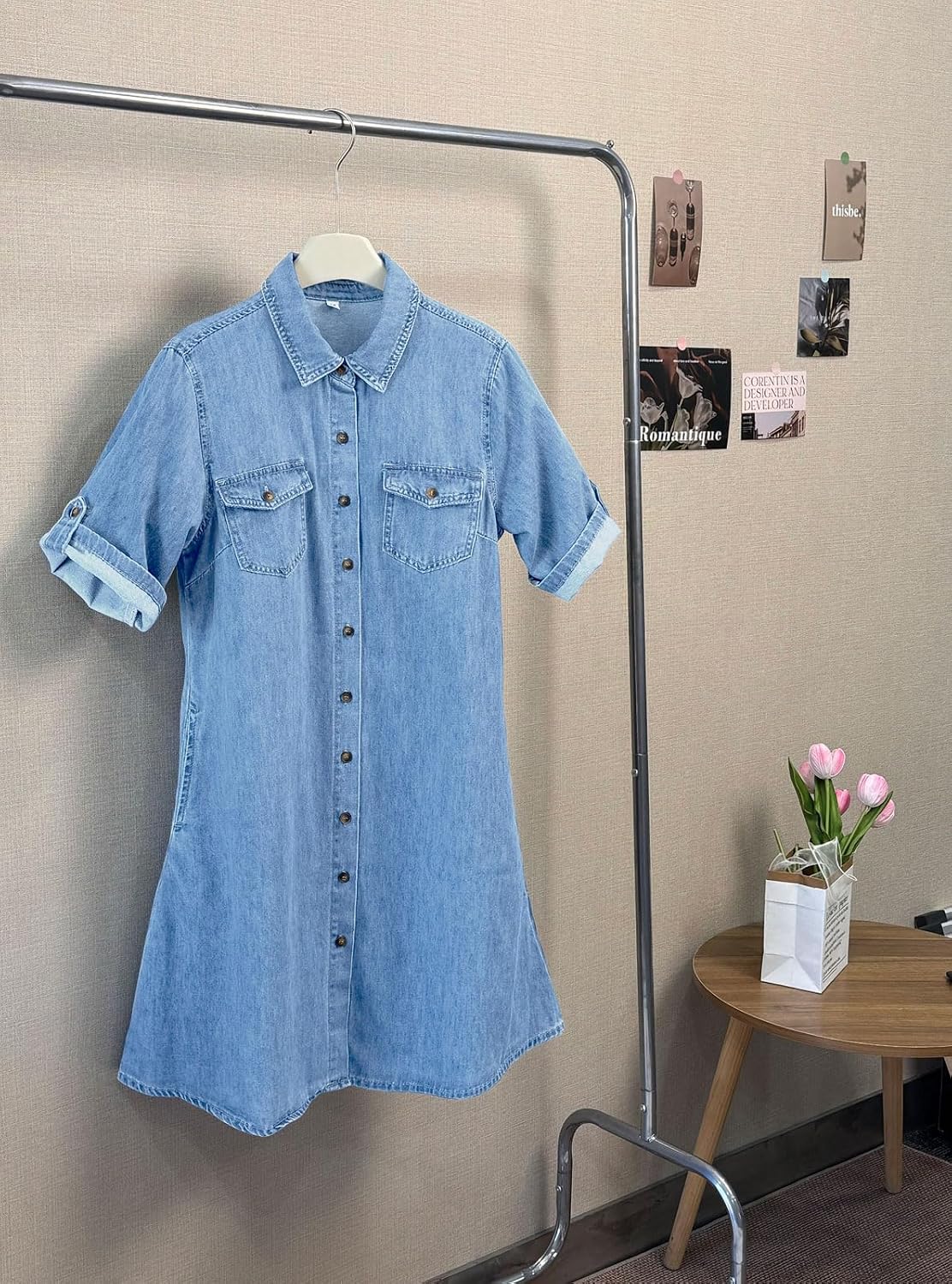 Chouyatou Women's Summer Short Sleeve Denim Shirt Dress Business Casual Button Down Midi Long Jean Dress