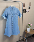 Chouyatou Women's Summer Short Sleeve Denim Shirt Dress Business Casual Button Down Midi Long Jean Dress