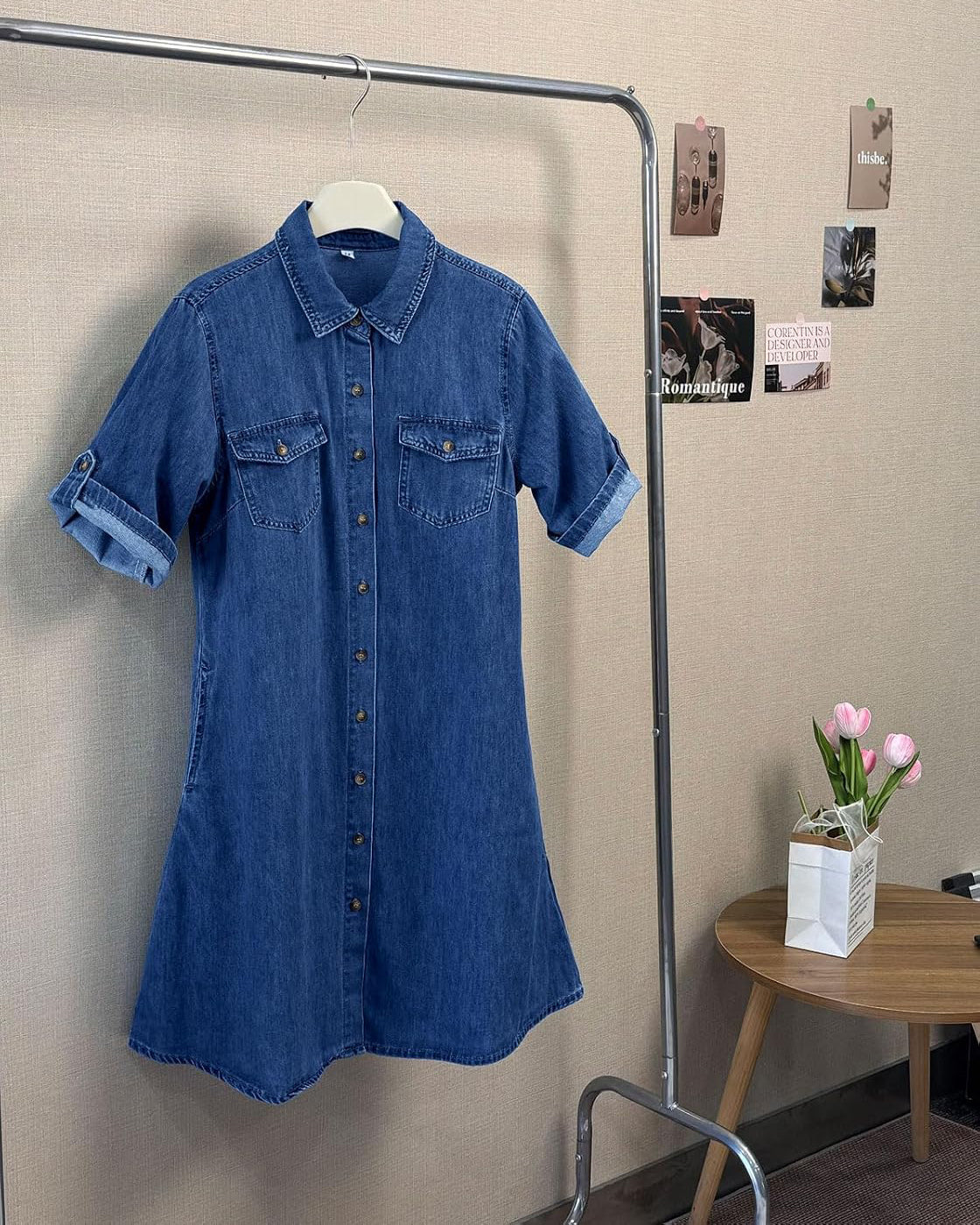 Chouyatou Women's Summer Short Sleeve Denim Shirt Dress Business Casual Button Down Midi Long Jean Dress