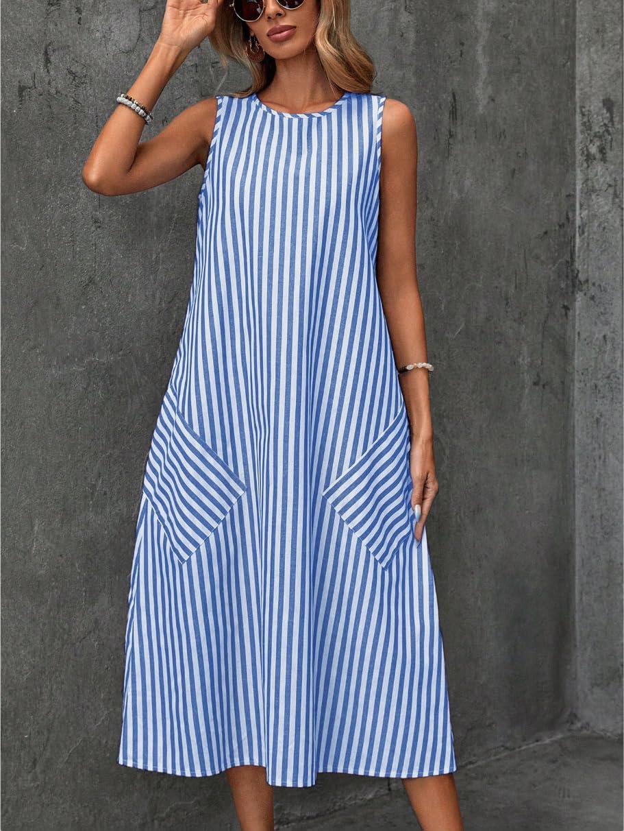 chouyatou Women's Casual Loose Vertical Striped Dress Crew Neck Sleeveless Midi Long Tank Dress with Pockets