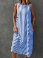 chouyatou Women's Casual Loose Vertical Striped Dress Crew Neck Sleeveless Midi Long Tank Dress with Pockets