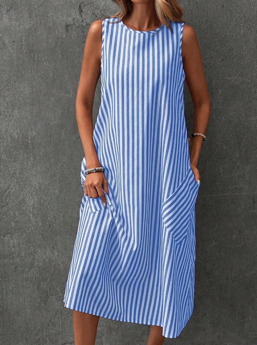 chouyatou Women's Casual Loose Vertical Striped Dress Crew Neck Sleeveless Midi Long Tank Dress with Pockets