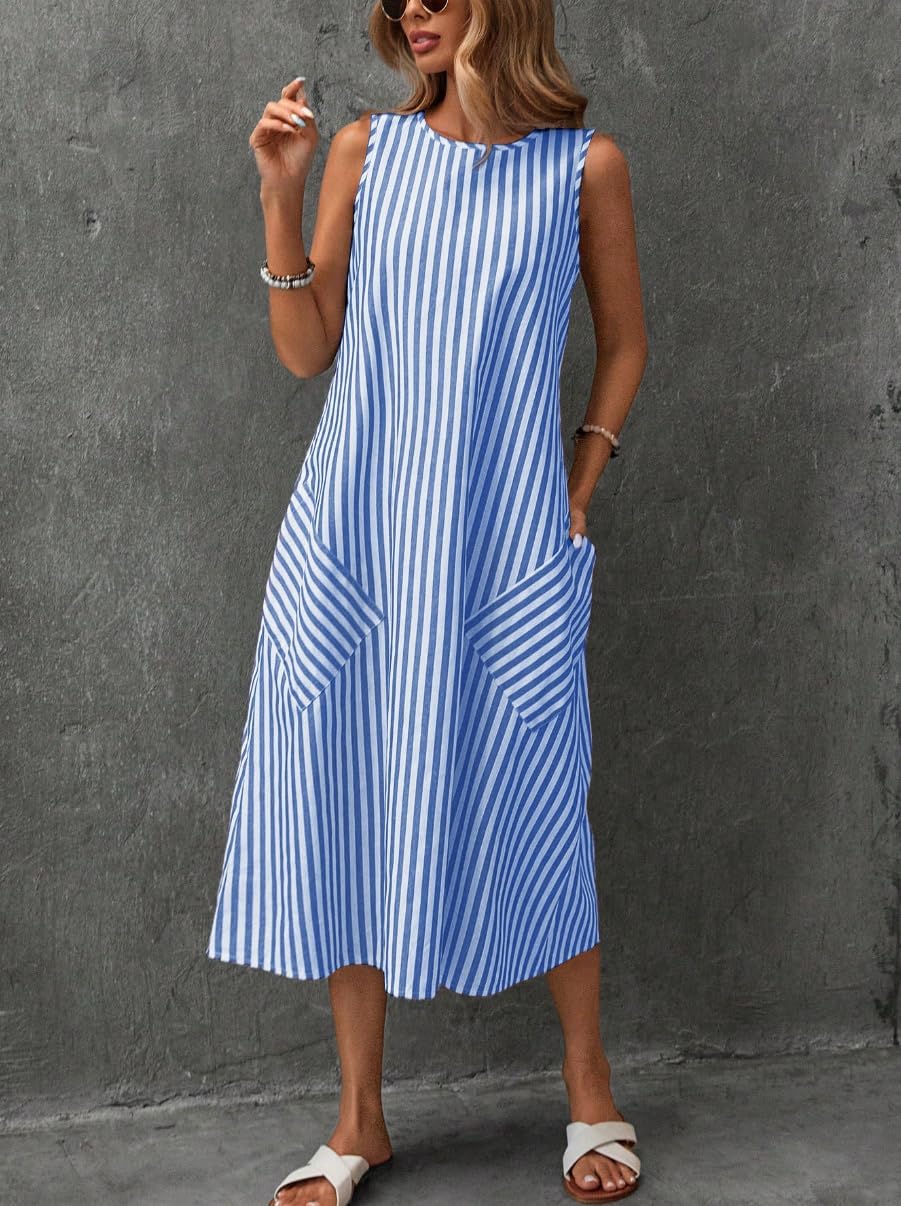 chouyatou Women's Casual Loose Vertical Striped Dress Crew Neck Sleeveless Midi Long Tank Dress with Pockets