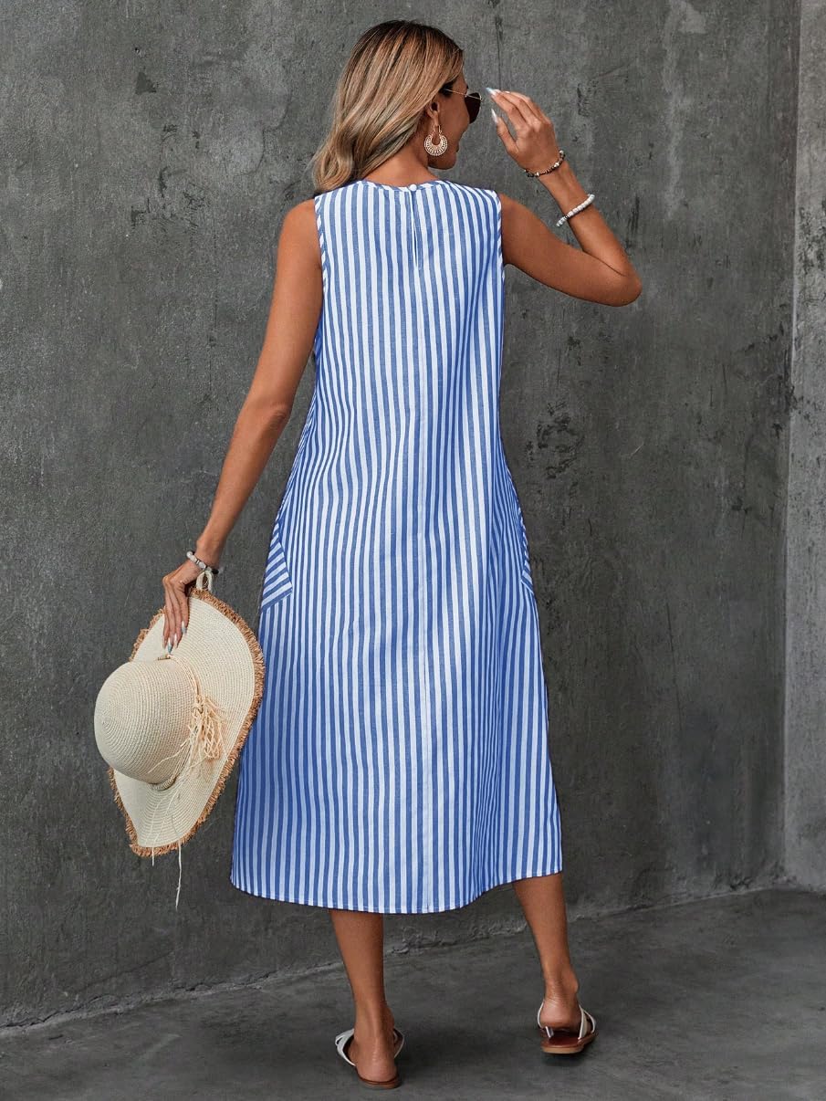 chouyatou Women's Casual Loose Vertical Striped Dress Crew Neck Sleeveless Midi Long Tank Dress with Pockets