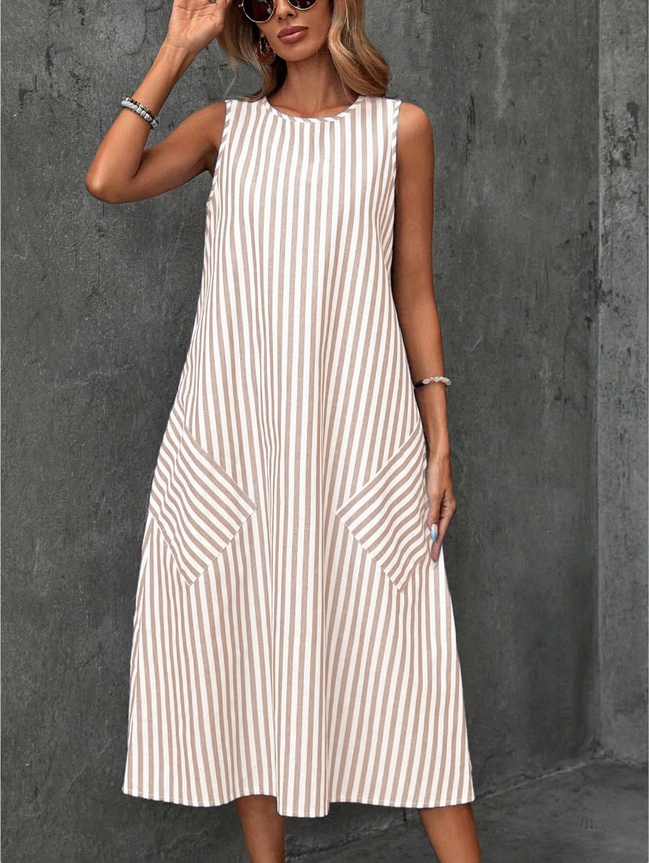 chouyatou Women's Casual Loose Vertical Striped Dress Crew Neck Sleeveless Midi Long Tank Dress with Pockets
