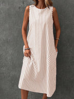 chouyatou Women's Casual Loose Vertical Striped Dress Crew Neck Sleeveless Midi Long Tank Dress with Pockets