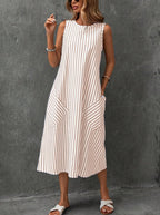 chouyatou Women's Casual Loose Vertical Striped Dress Crew Neck Sleeveless Midi Long Tank Dress with Pockets