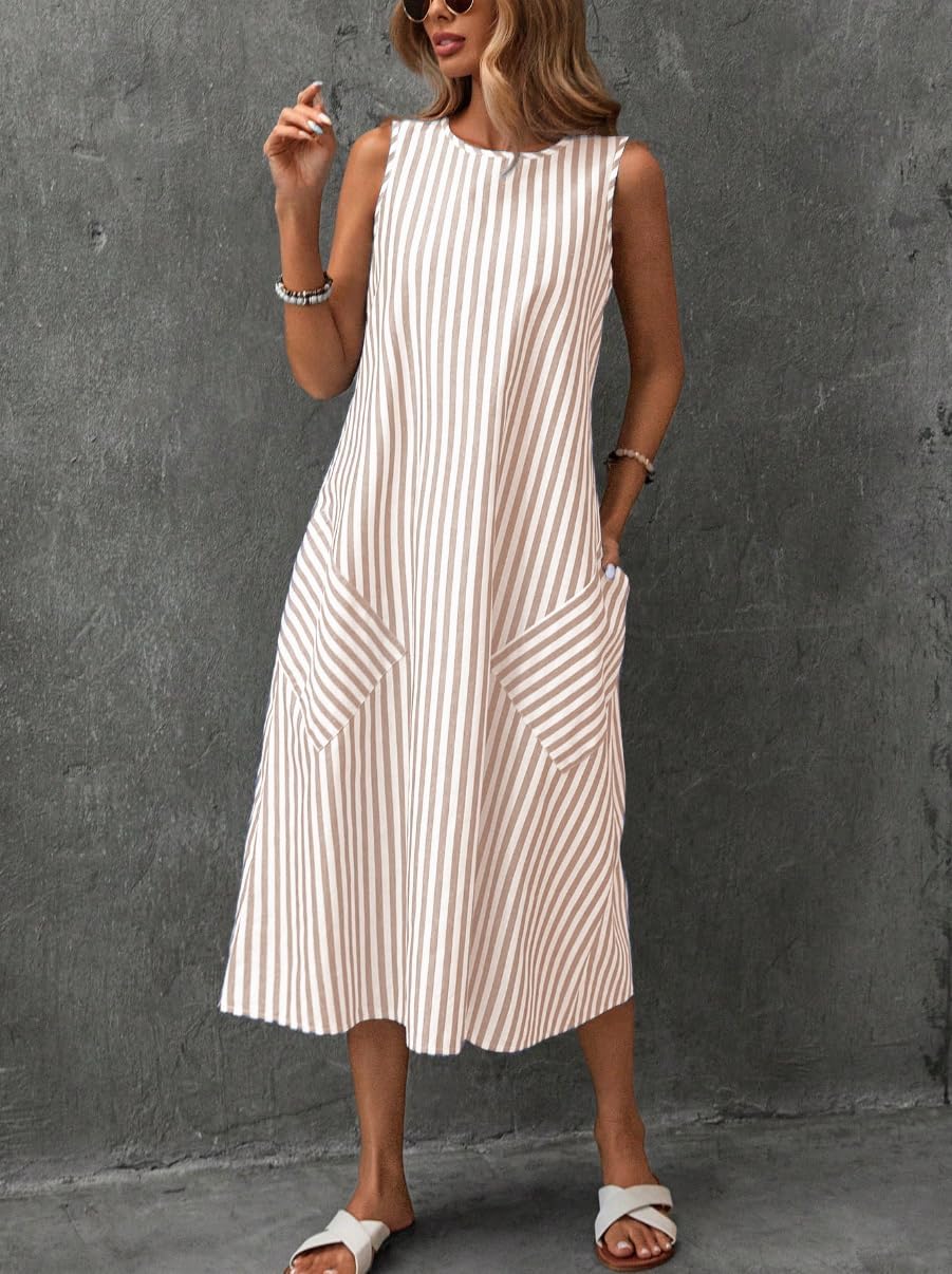 chouyatou Women's Casual Loose Vertical Striped Dress Crew Neck Sleeveless Midi Long Tank Dress with Pockets
