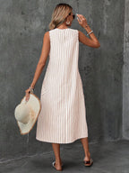 chouyatou Women's Casual Loose Vertical Striped Dress Crew Neck Sleeveless Midi Long Tank Dress with Pockets