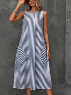chouyatou Women's Casual Loose Vertical Striped Dress Crew Neck Sleeveless Midi Long Tank Dress with Pockets