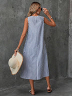 chouyatou Women's Casual Loose Vertical Striped Dress Crew Neck Sleeveless Midi Long Tank Dress with Pockets