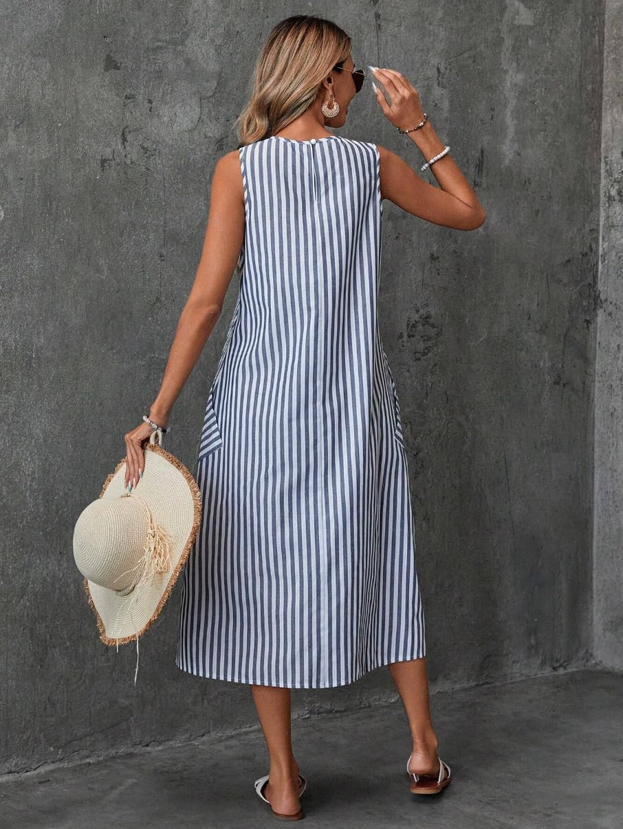 chouyatou Women's Casual Loose Vertical Striped Dress Crew Neck Sleeveless Midi Long Tank Dress with Pockets